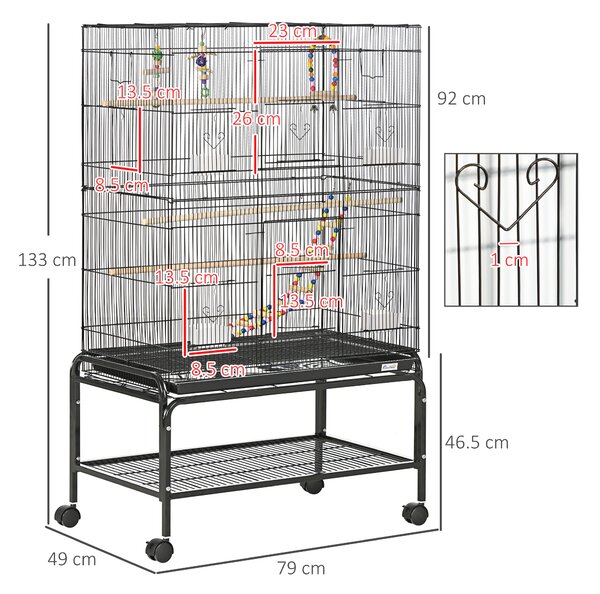 PawHut Steel Budgie Cage 133cm High with Stand, Slide-Out Tray, Toys, Storage Shelf for Canaries, Finches, Lovebirds, Parakeets, Black Aosom UK