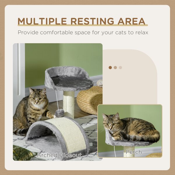 PawHut Cat Scratching Post, Cat Tree Scratching Kitten Activity Centre Climber Hanging Ball, Scratch Post for Indoor Cats, Grey Aosom UK