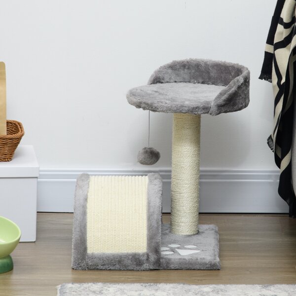 PawHut Cat Scratching Post, Cat Tree Scratching Kitten Activity Centre Climber Hanging Ball, Scratch Post for Indoor Cats, Grey Aosom UK