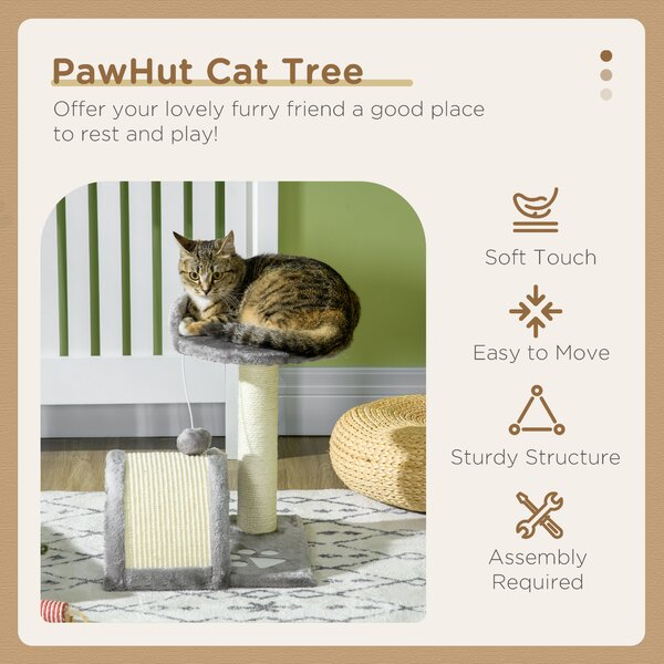 PawHut Cat Scratching Post, Cat Tree Scratching Kitten Activity Centre Climber Hanging Ball, Scratch Post for Indoor Cats, Grey Aosom UK