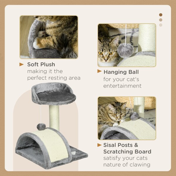 PawHut Cat Scratching Post, Cat Tree Scratching Kitten Activity Centre Climber Hanging Ball, Scratch Post for Indoor Cats, Grey Aosom UK