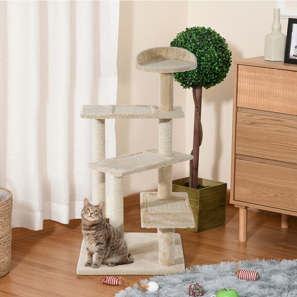 PawHut Beige Cat Tree, Kitten Scratching Post, Sisal Climbing Tower, Activity Centre, Sturdy Aosom UK