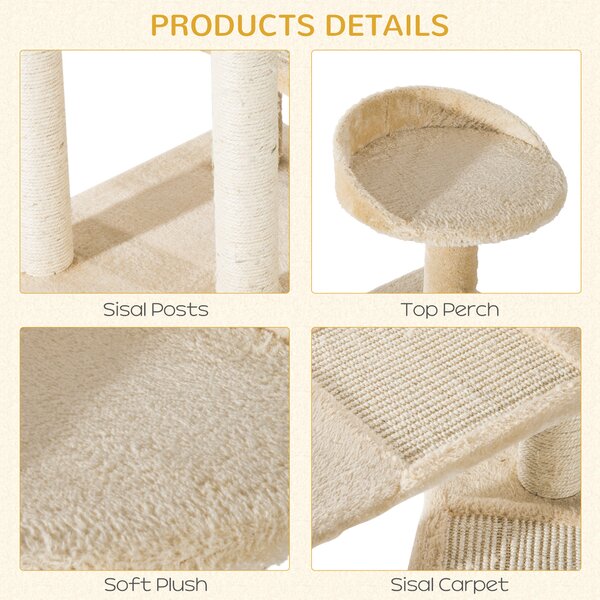PawHut Beige Cat Tree, Kitten Scratching Post, Sisal Climbing Tower, Activity Centre, Sturdy Aosom UK
