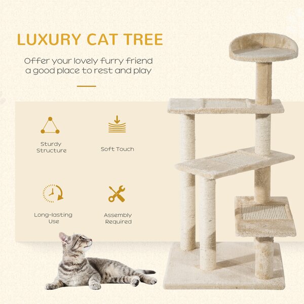 PawHut Beige Cat Tree, Kitten Scratching Post, Sisal Climbing Tower, Activity Centre, Sturdy Aosom UK