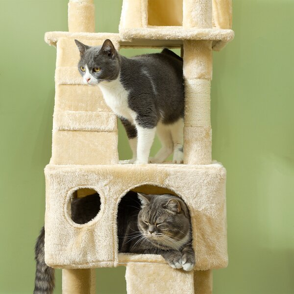 PawHut Deluxe Cat Tree, Kitten Scratching Post, Climbing Tower Activity Centre, Plush, Cream Aosom UK