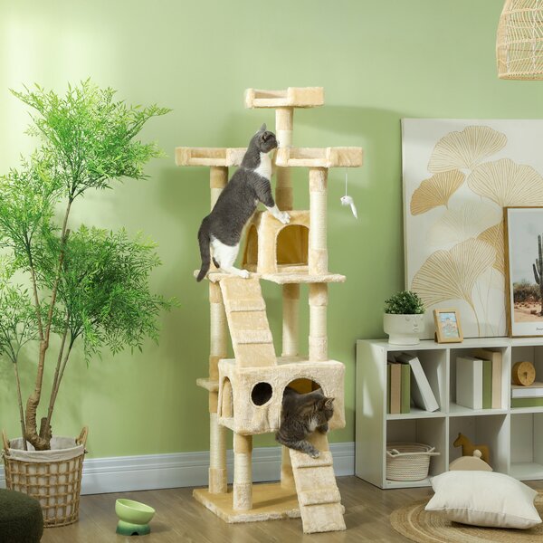 PawHut Deluxe Cat Tree, Kitten Scratching Post, Climbing Tower Activity Centre, Plush, Cream Aosom UK