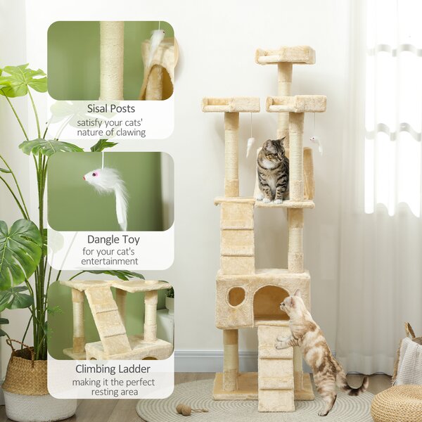 PawHut Deluxe Cat Tree, Kitten Scratching Post, Climbing Tower Activity Centre, Plush, Cream Aosom UK