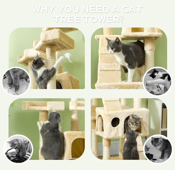 PawHut Deluxe Cat Tree, Kitten Scratching Post, Climbing Tower Activity Centre, Plush, Cream Aosom UK