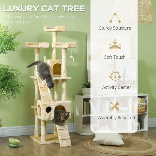 PawHut Deluxe Cat Tree, Kitten Scratching Post, Climbing Tower Activity Centre, Plush, Cream Aosom UK