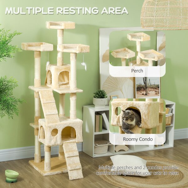 PawHut Deluxe Cat Tree, Kitten Scratching Post, Climbing Tower Activity Centre, Plush, Cream Aosom UK