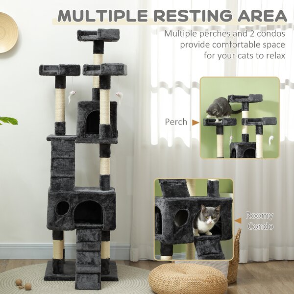 PawHut Cat Tree for Indoor Cats Kitten Kitty Scratching Scratcher Post Climbing Tower Activity Centre House Grey Aosom UK