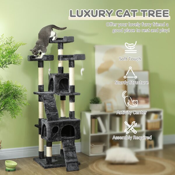 PawHut Cat Tree for Indoor Cats Kitten Kitty Scratching Scratcher Post Climbing Tower Activity Centre House Grey Aosom UK