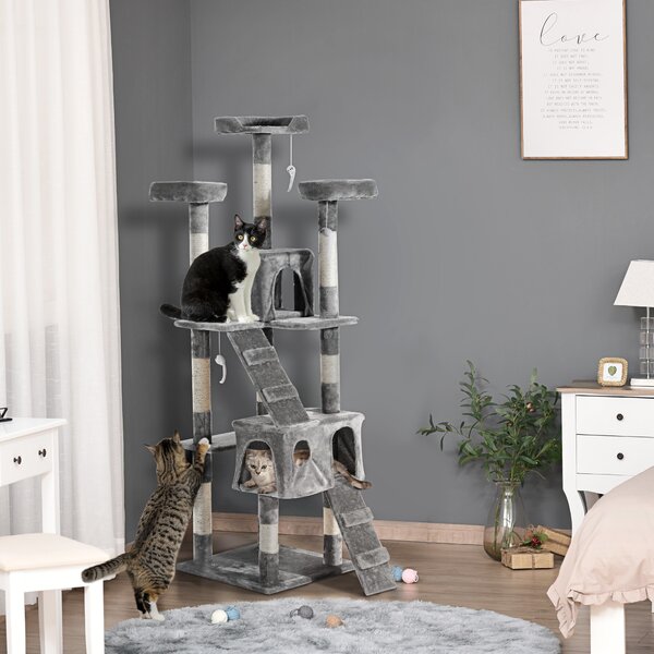 PawHut Cat Tree for Indoor Cats Kitten Kitty Scratching Scratcher Post Climbing Tower Activity Centre House Grey Aosom UK