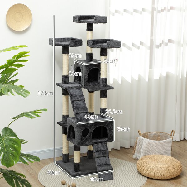 PawHut Cat Tree for Indoor Cats Kitten Kitty Scratching Scratcher Post Climbing Tower Activity Centre House Grey Aosom UK