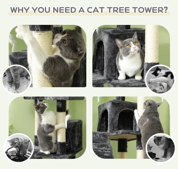 PawHut Cat Tree for Indoor Cats Kitten Kitty Scratching Scratcher Post Climbing Tower Activity Centre House Grey Aosom UK