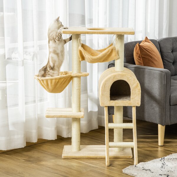 PawHut Cat Tree with Scratching Post, Hammock, Condo, Basket, Ladder Activity Centre for Kittens, 98 cm, Beige Aosom UK
