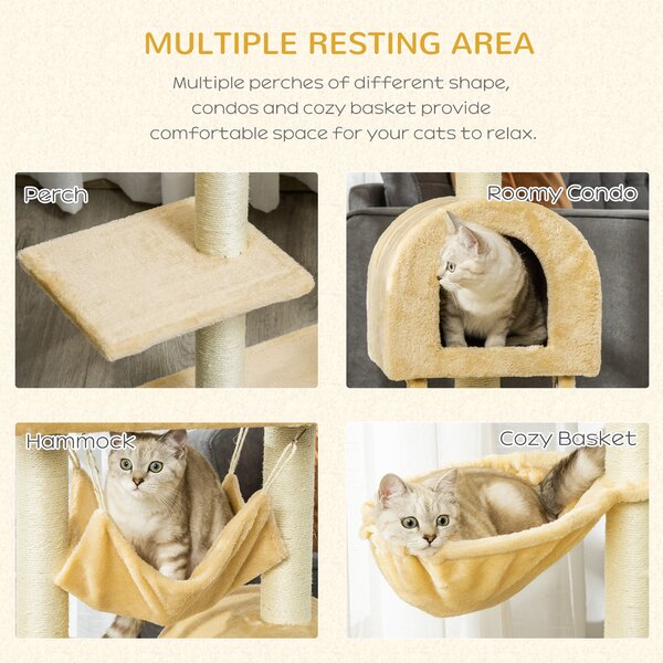 PawHut Cat Tree with Scratching Post, Hammock, Condo, Basket, Ladder Activity Centre for Kittens, 98 cm, Beige Aosom UK