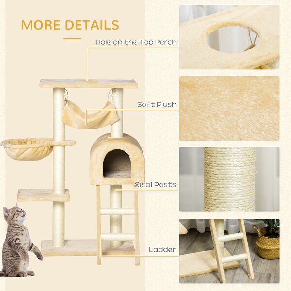 PawHut Cat Tree with Scratching Post, Hammock, Condo, Basket, Ladder Activity Centre for Kittens, 98 cm, Beige Aosom UK