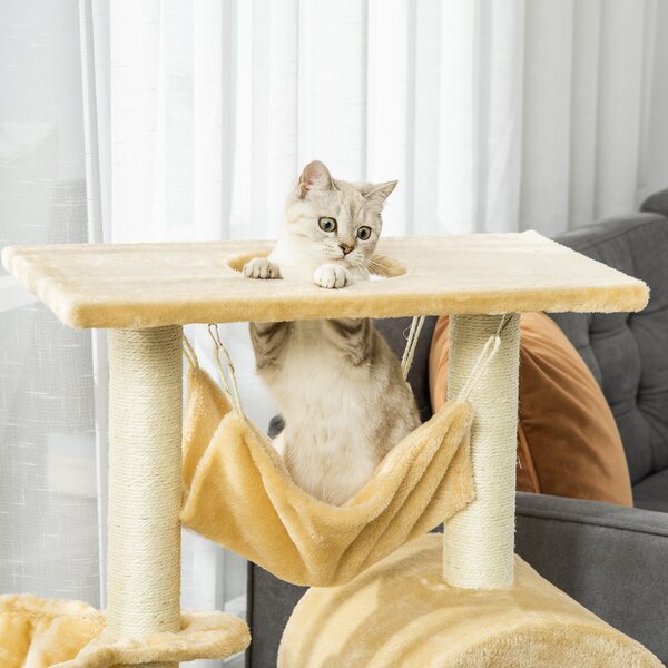 PawHut Cat Tree with Scratching Post, Hammock, Condo, Basket, Ladder Activity Centre for Kittens, 98 cm, Beige Aosom UK