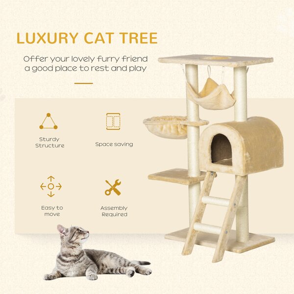 PawHut Cat Tree with Scratching Post, Hammock, Condo, Basket, Ladder Activity Centre for Kittens, 98 cm, Beige Aosom UK