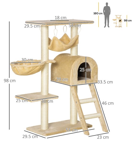 PawHut Cat Tree with Scratching Post, Hammock, Condo, Basket, Ladder Activity Centre for Kittens, 98 cm, Beige Aosom UK
