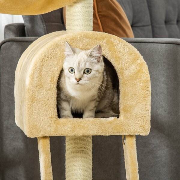 PawHut Cat Tree with Scratching Post, Hammock, Condo, Basket, Ladder Activity Centre for Kittens, 98 cm, Beige Aosom UK