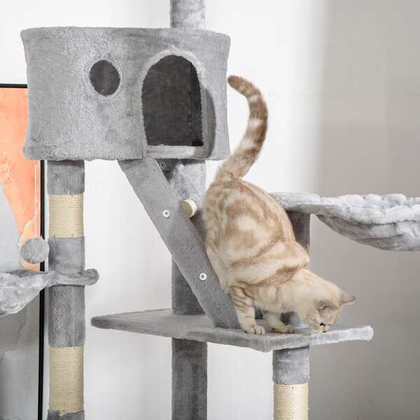 PawHut Floor to Ceiling Cat Tree for Indoor Cats 240-260cm Adjustable Height Light Grey Aosom UK