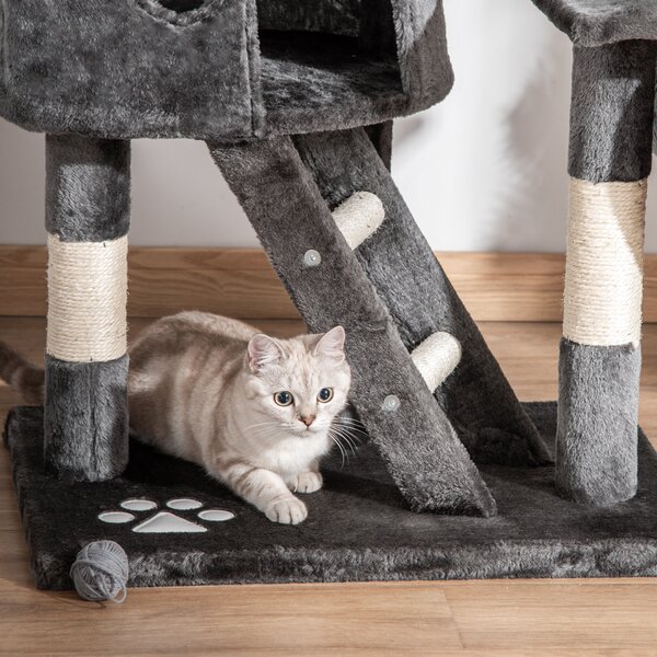 PawHut Cat Tower Floor-to-Ceiling 240-260cm Indoor Cat Tree, Adjustable Cat Post with Condos, Ramps, Hammocks, Toy Balls, Dark Grey Aosom UK
