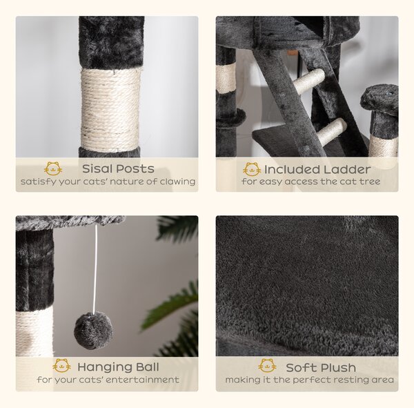 PawHut Cat Tower Floor-to-Ceiling 240-260cm Indoor Cat Tree, Adjustable Cat Post with Condos, Ramps, Hammocks, Toy Balls, Dark Grey Aosom UK