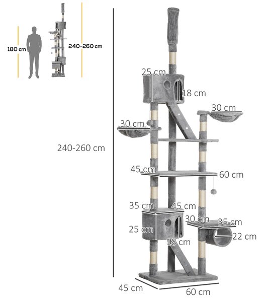 PawHut Floor to Ceiling Cat Tree for Indoor Cats 240-260cm Adjustable Height Light Grey Aosom UK