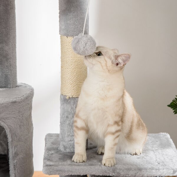 PawHut Floor to Ceiling Cat Tree for Indoor Cats 240-260cm Adjustable Height Light Grey Aosom UK
