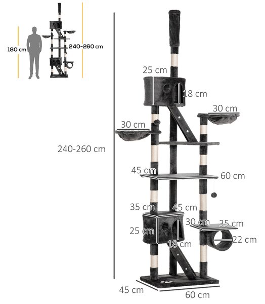 PawHut Cat Tower Floor-to-Ceiling 240-260cm Indoor Cat Tree, Adjustable Cat Post with Condos, Ramps, Hammocks, Toy Balls, Dark Grey Aosom UK