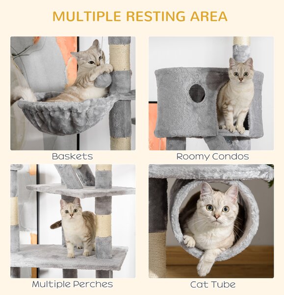 PawHut Floor to Ceiling Cat Tree for Indoor Cats 240-260cm Adjustable Height Light Grey Aosom UK