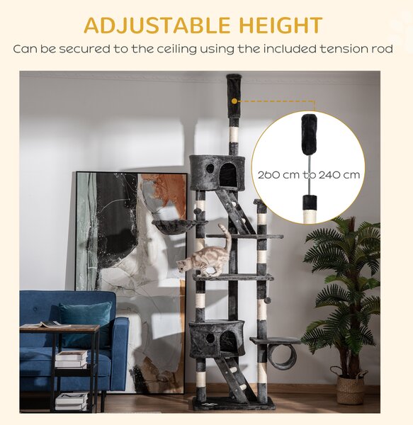 PawHut Cat Tower Floor-to-Ceiling 240-260cm Indoor Cat Tree, Adjustable Cat Post with Condos, Ramps, Hammocks, Toy Balls, Dark Grey Aosom UK