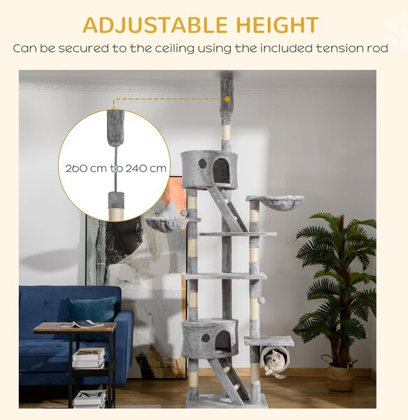 PawHut Floor to Ceiling Cat Tree for Indoor Cats 240-260cm Adjustable Height Light Grey Aosom UK