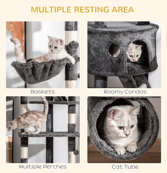 PawHut Cat Tower Floor-to-Ceiling 240-260cm Indoor Cat Tree, Adjustable Cat Post with Condos, Ramps, Hammocks, Toy Balls, Dark Grey Aosom UK