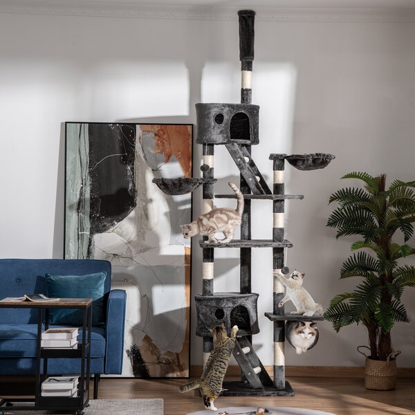 PawHut Cat Tower Floor-to-Ceiling 240-260cm Indoor Cat Tree, Adjustable Cat Post with Condos, Ramps, Hammocks, Toy Balls, Dark Grey Aosom UK