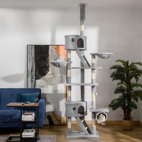PawHut Floor to Ceiling Cat Tree for Indoor Cats 240-260cm Adjustable Height Light Grey Aosom UK
