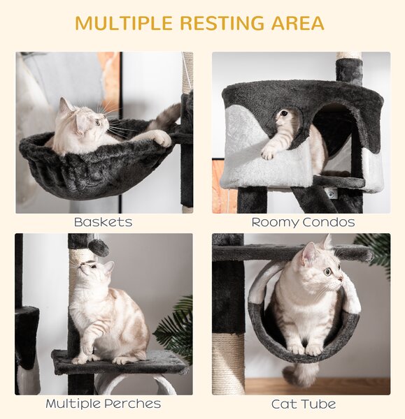 Pawhut Adjustable Cat Tree Condo, Kitten Playhouse with Scratching Posts, Fun House, Grey & White