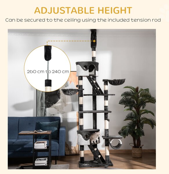 Pawhut Adjustable Cat Tree Condo, Kitten Playhouse with Scratching Posts, Fun House, Grey & White