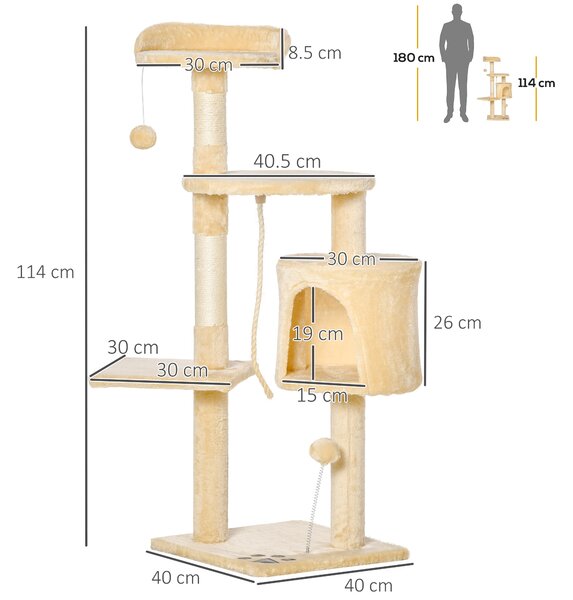 PawHut Cat Tree House, Multi-Level Activity Centre with Scratching Posts, 114 cm High, Beige
