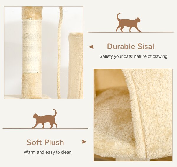 PawHut Cat Tree House, Multi-Level Activity Centre with Scratching Posts, 114 cm High, Beige