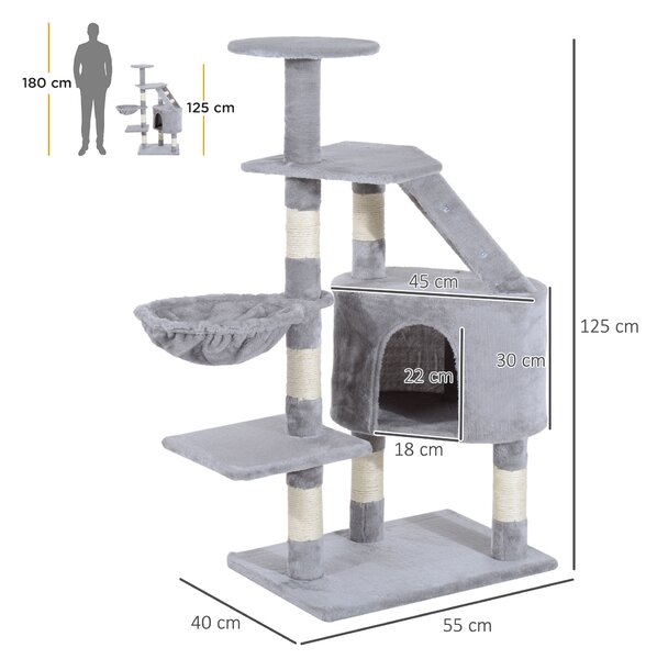 PawHut Cat Tree with Scratching Post, Kitten Activity Centre, Play House, Pet Furniture, 125cm, Grey Aosom UK