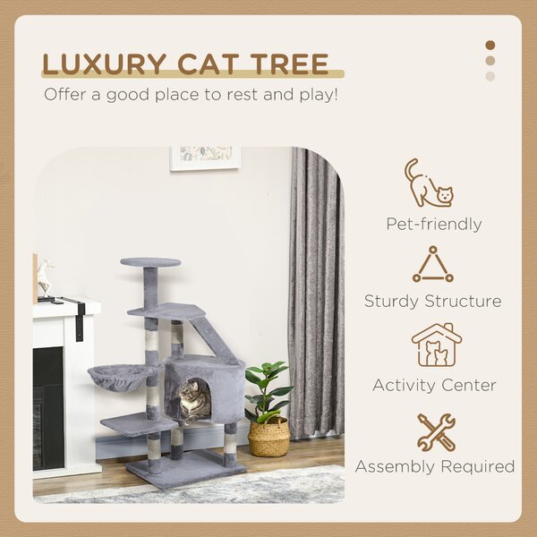 PawHut Cat Tree with Scratching Post, Kitten Activity Centre, Play House, Pet Furniture, 125cm, Grey Aosom UK