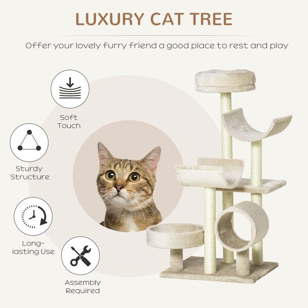 PawHut Cat Tree, Plush, 50Lx40Wx105H cm-Beige Aosom UK