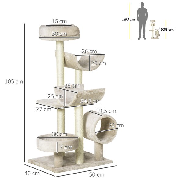 PawHut Cat Tree, Plush, 50Lx40Wx105H cm-Beige Aosom UK