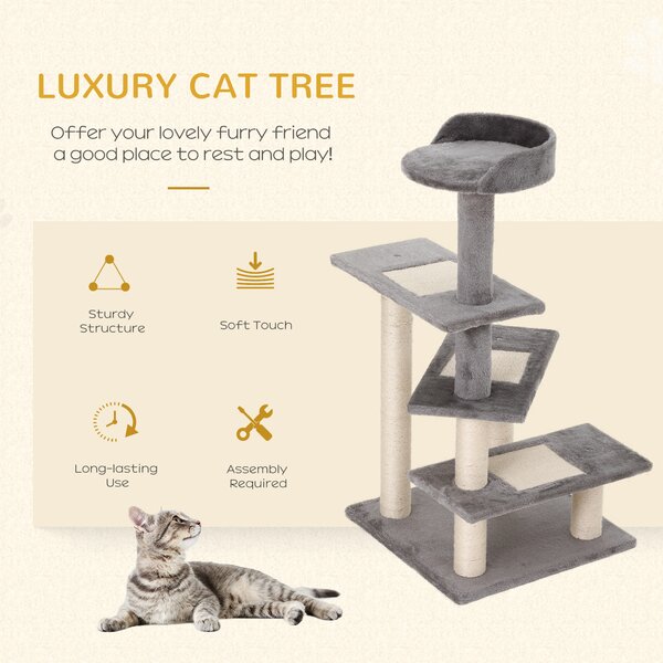 PawHut 100cm Cat Tree Uk Cat Tower Cat Tree for Large Cats, Solid Particle Board for Long Term Use, Beige & Grey Aosom UK