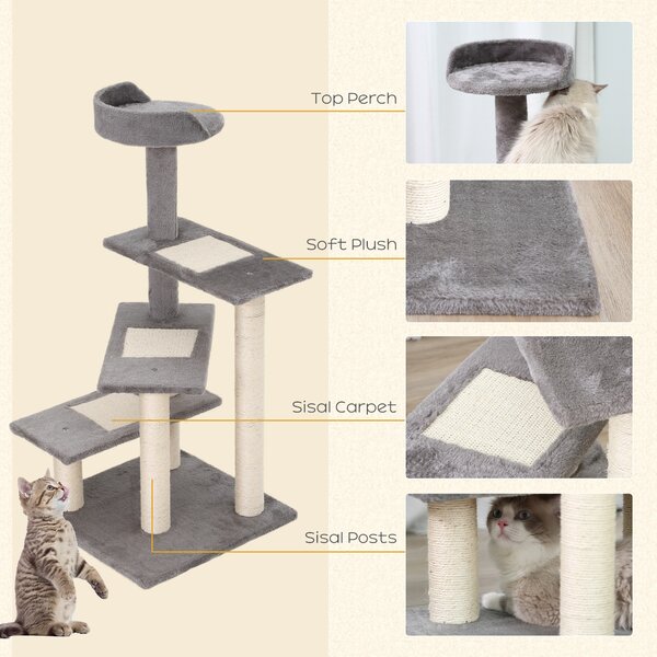 PawHut 100cm Cat Tree Uk Cat Tower Cat Tree for Large Cats, Solid Particle Board for Long Term Use, Beige & Grey Aosom UK