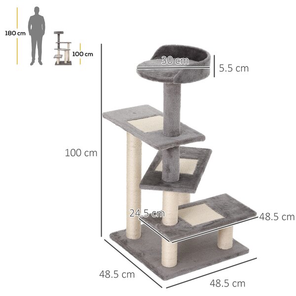 PawHut 100cm Cat Tree Uk Cat Tower Cat Tree for Large Cats, Solid Particle Board for Long Term Use, Beige & Grey Aosom UK