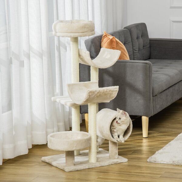 PawHut Cat Tree, Plush, 50Lx40Wx105H cm-Beige Aosom UK
